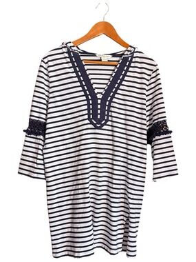 Paradise Bay Striped V-Neck Swim Coverup Tunic in White & Navy Size L